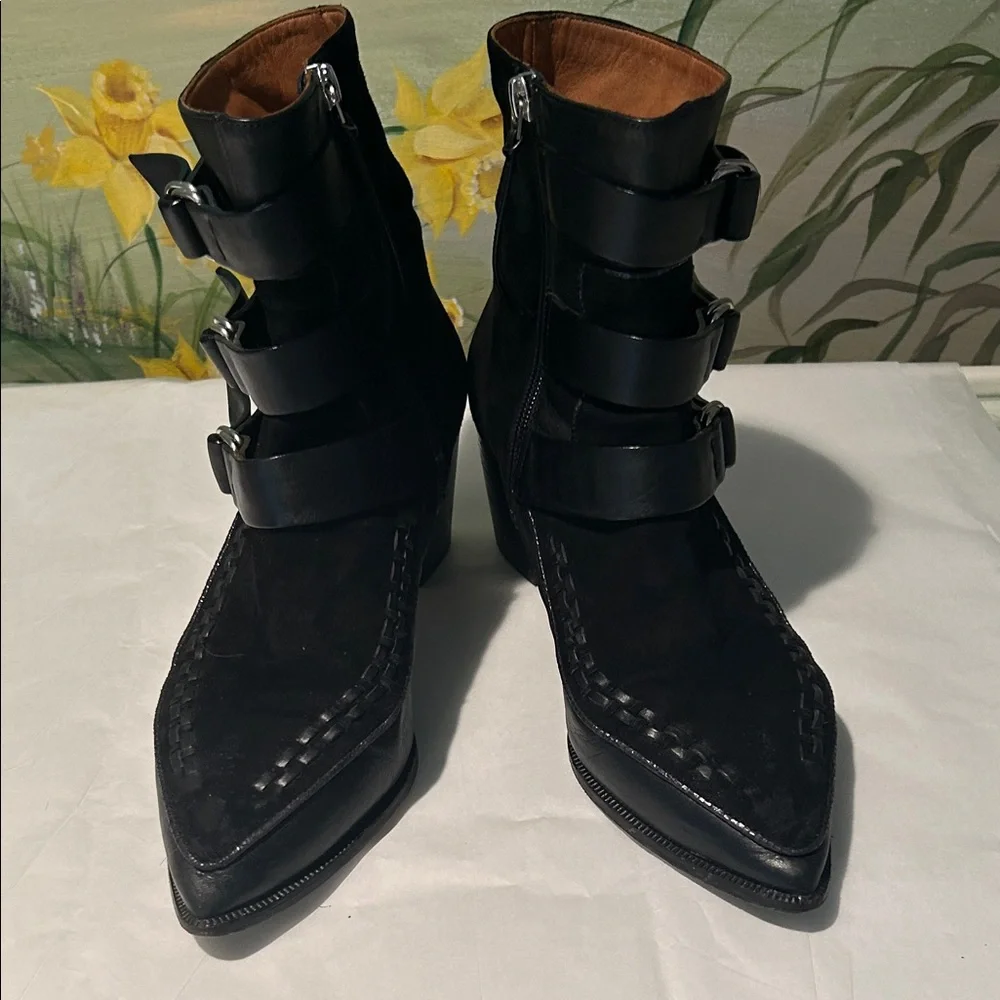 Isabel Marant Black Dickey Suede and Leather Triple Buckle Ankle Booties